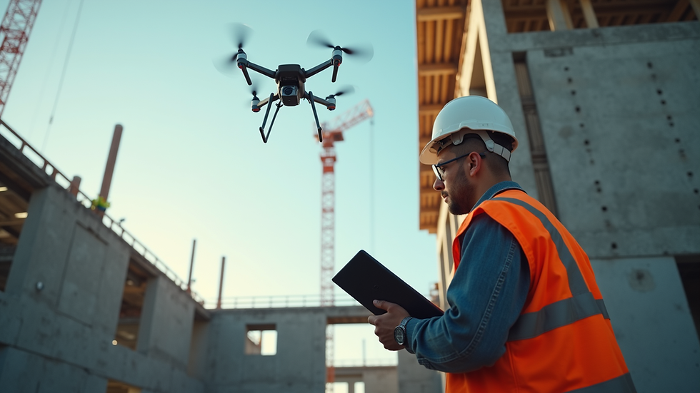 Eye-level view of a structural engineer inspecting a building site with a drone flying overhead