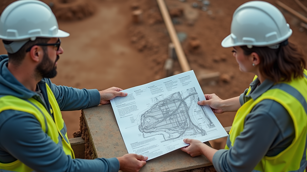 High angle view of engineers reviewing geotechnical report on a construction site