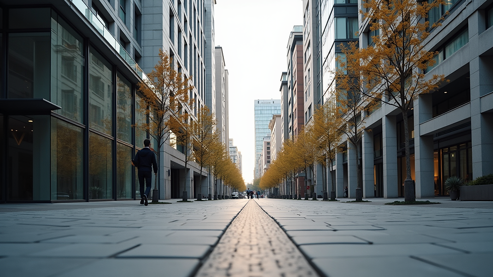 Eye-level view of a modern urban street with mixed-use buildings and pedestrian pathways