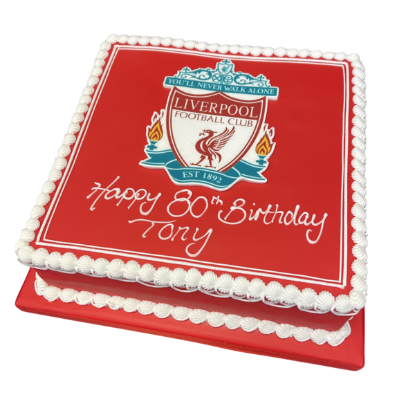 Bespoke Liverpool badge cake with red and white icing details, crafted for celebration in Solihull, West Midlands.