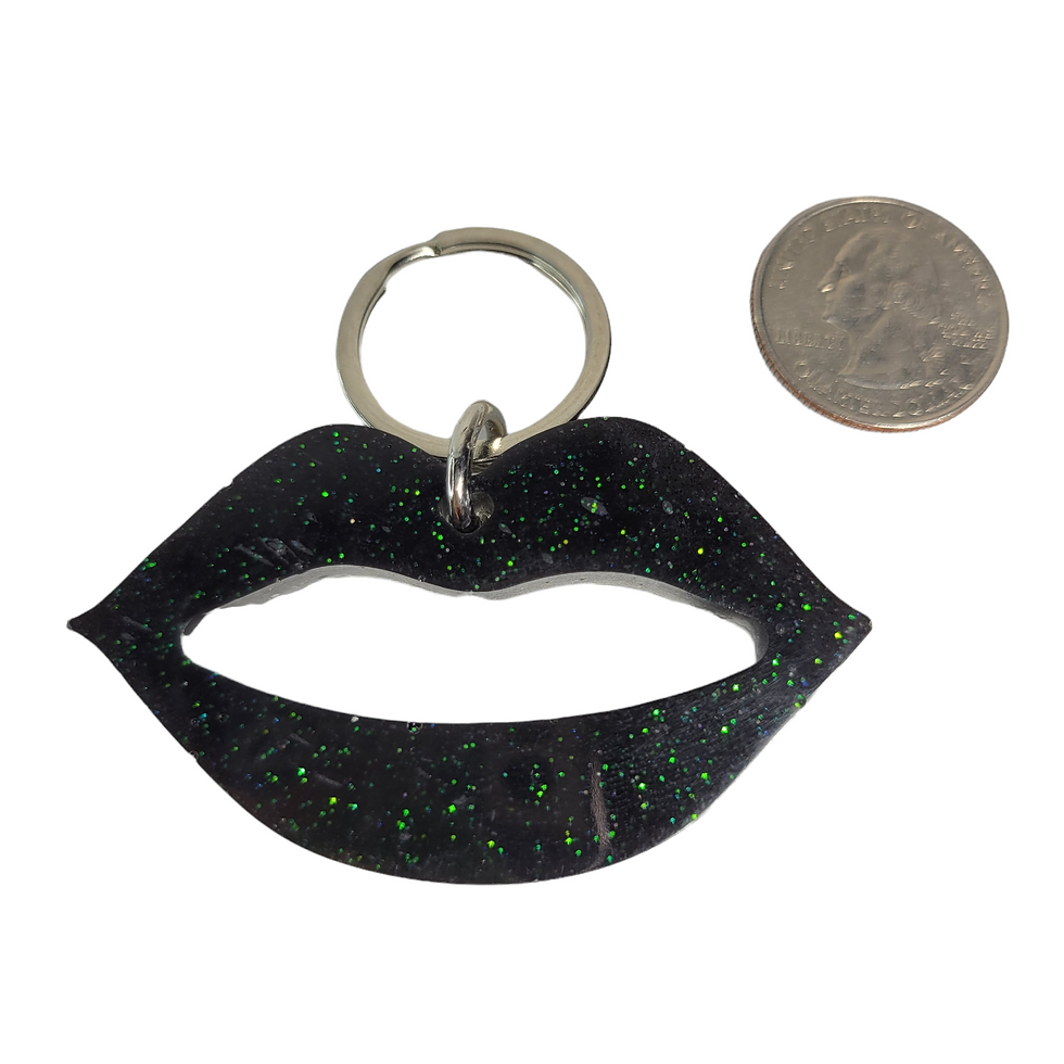 Thumbnail: Keychain - Resin, Lip Shaped Black Silver Glitter Silver Leaf