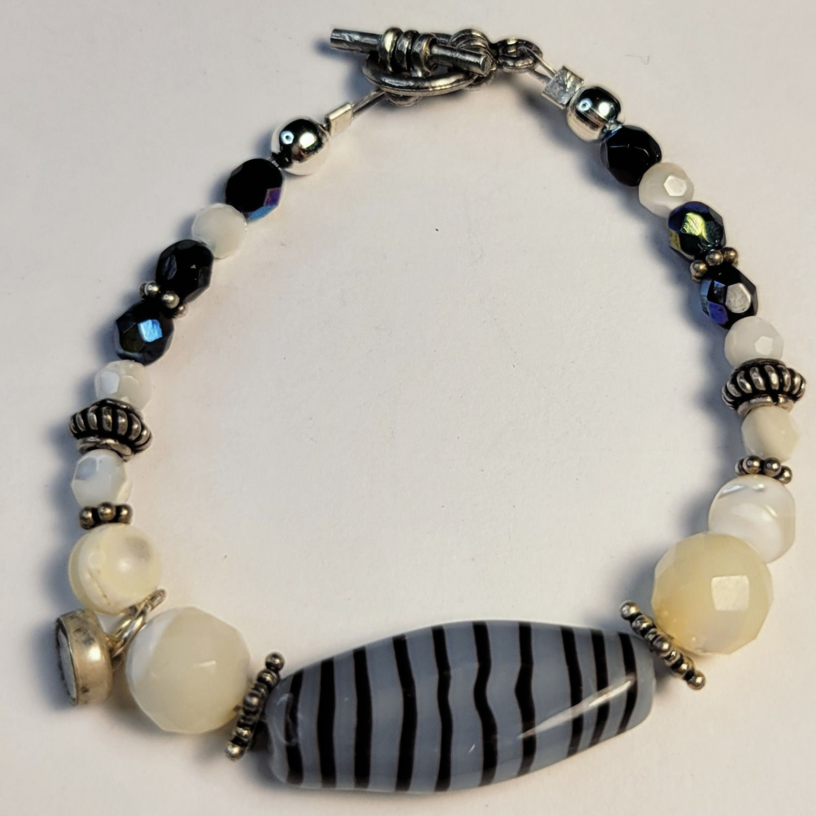 Bongle - Silver Grey Black Stripes White Glass Beads