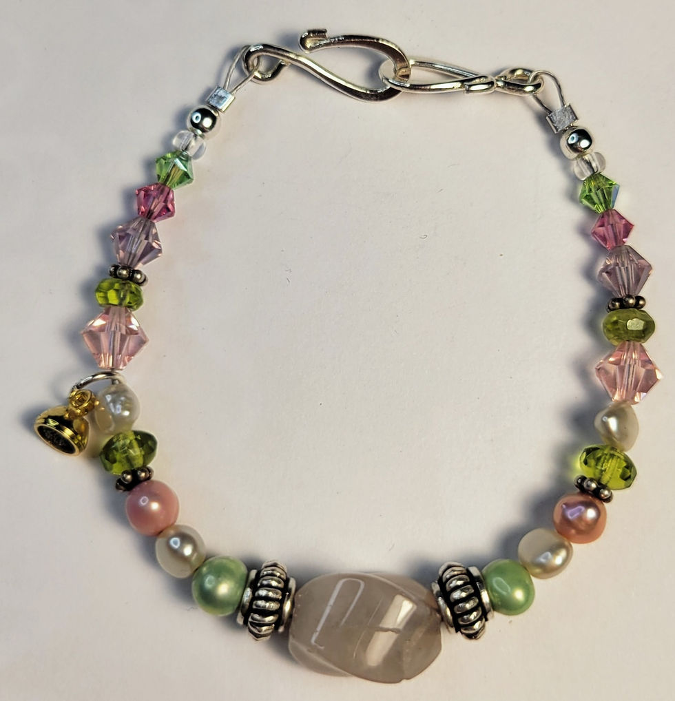 Thumbnail: Bongle - Silver Pink Quartz Green Pink Freshwater Pearls