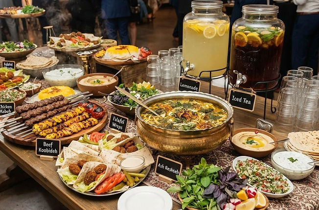 A catering style setup of beef koobideh, chicken kabob and falafel wraps in a catering for