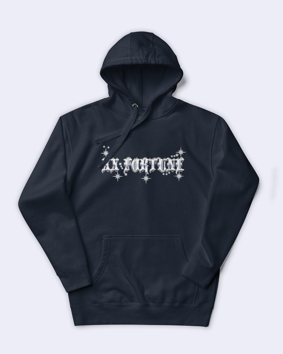 Dark blue hoodie with white 'XX FORTUNE' text and stars design.