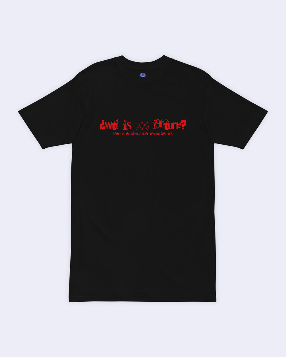 Black t-shirt with red graffiti text 'WTF IS XX FORTUNE'