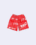 Red shorts with white '1992' and bandana pattern, front view.