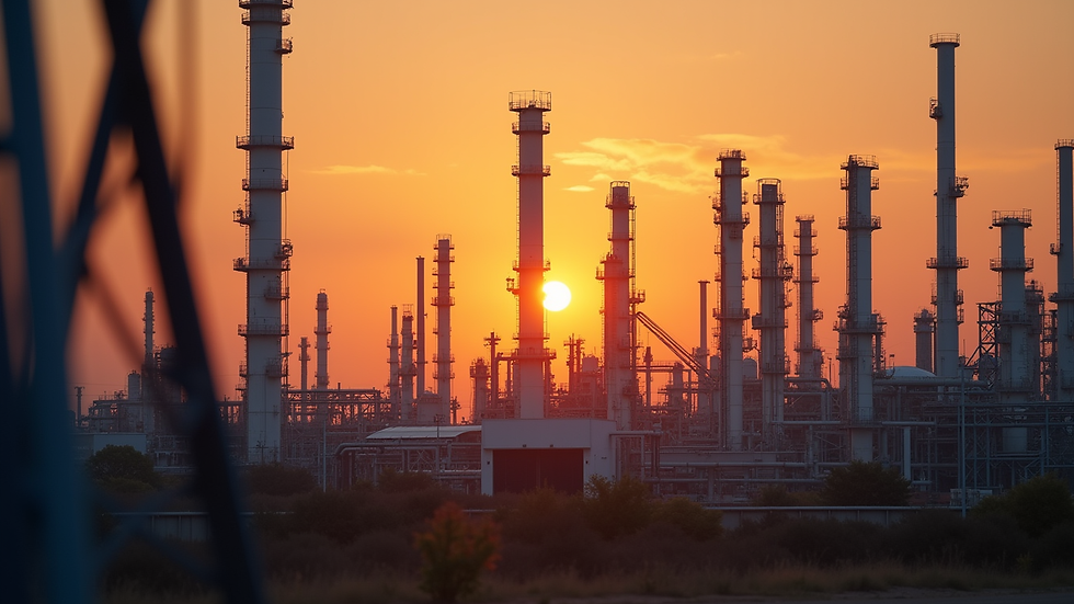Eye-level view of industrial oil refinery complex at sunset