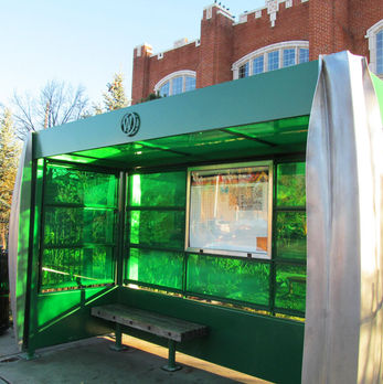 West Colfax Bus Shelters (Prismatic: Green)
Laminated Colored Glass and Inflated Stainless Steel, 2014

Location: on Colfax Avenue, in Denver, Colorado, between Meade and Lowell.