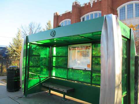 West Colfax Bus Shelters (Prismatic: Green)
Laminated Colored Glass and Inflated Stainless Steel, 2014

Location: on Colfax Avenue, in Denver, Colorado, between Meade and Lowell.