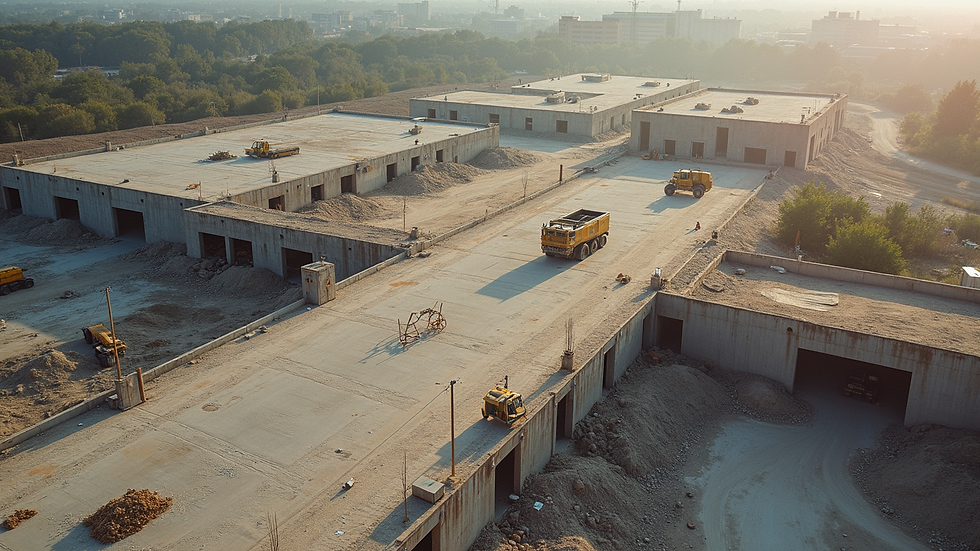 Vista aérea de una obra en construcción con maquinaria y materiales