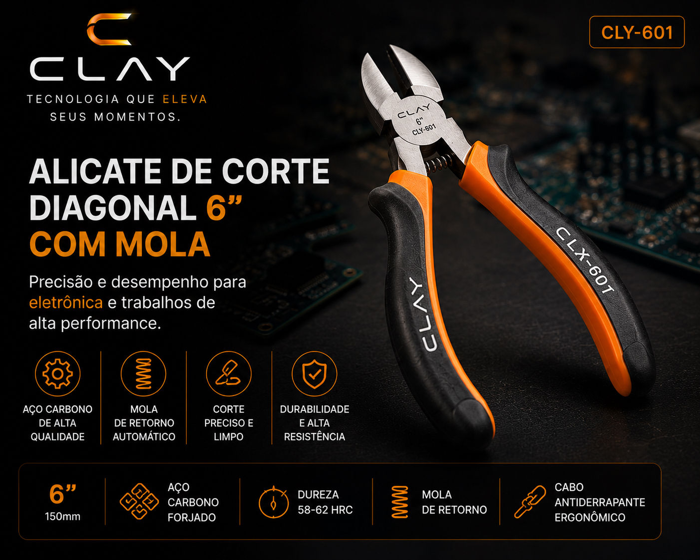 CLAY PRECISION GRIP Alicate de Precisão 6” para Eletrônicos com Sistema de Mola