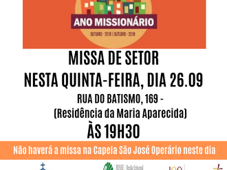 Nesta quinta-feira haverá Missa de Setor na Rua do Batismo, 169