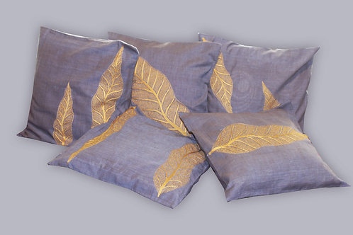 Blue Handwoven Leaf Pattern Hand Embroidered Designer Cushion Covers (Set Of 5)