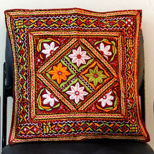 Maroon, Green & Orange Elaborately Handcrafted Kutch Cushion Cover