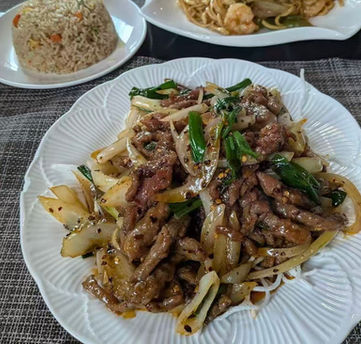 盘子里的牛肉和洋葱配米饭。炒饭和面条背景, King Noodle。