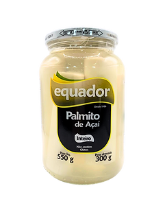 Vidro de palmito tipo açaí com pedaços inteiros.