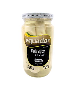 Vidro de palmito tipo açaí com pedaços inteiros.