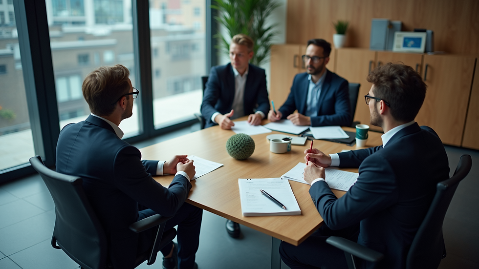 High angle view of a business meeting discussing AI implementation strategies