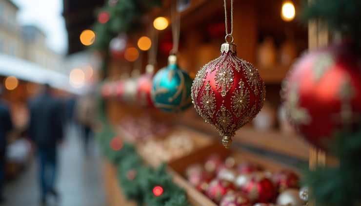 Close-up view of traditional Czech Christmas ornaments hanging on a market stall in Prague