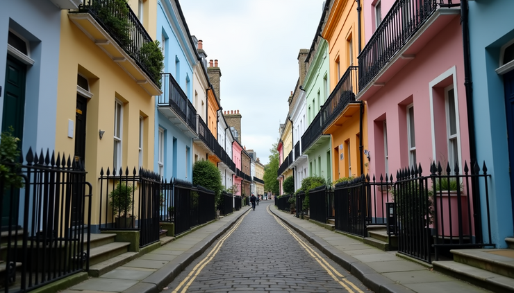 Eye-level view of a narrow cobbled street lined with colorful historic houses in a quiet London neighborhood