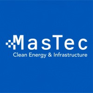 Blue MasTec logo with white text Clean Energy & Infrastructure and pixel-square icon on a solid blue background