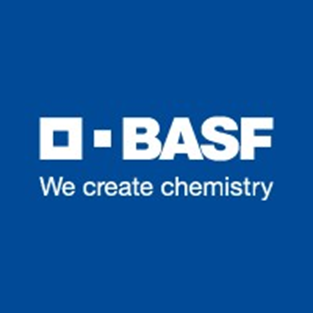 BASF logo with white text "We create chemistry" on a blue background, featuring a square and a line.