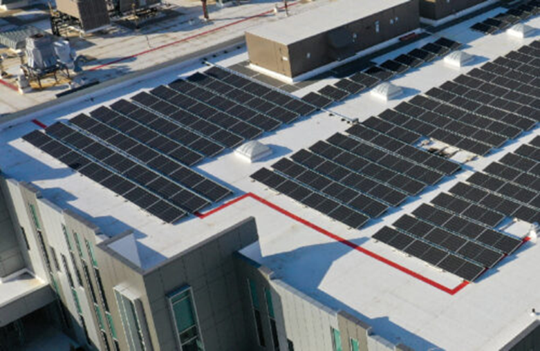 A rooftop covered with solar panels on a modern building. The panels are in neat rows, and there's a clear, sunny sky overhead.