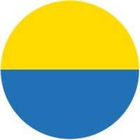 Yellow-over-blue circular icon on a white background.