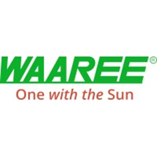 Green "WAAREE" text with red tagline "One with the Sun" on a white background; simple and bold design.