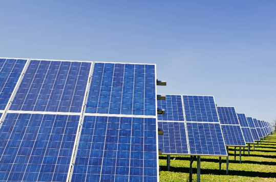 Rows of blue solar panels on green grass under a clear blue sky, capturing sunlight. The scene is calm and orderly. No text visible.