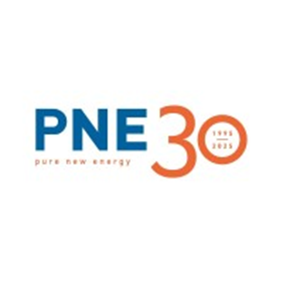 PNE 30th anniversary logo in blue and orange, reads "pure new energy" with "1995-2025" in a circle. Clean and modern design.