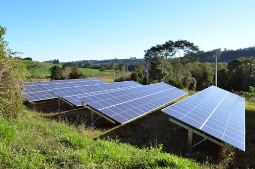 Solar panels in a grassy field under a clear blue sky, with rolling hills and trees in the background.