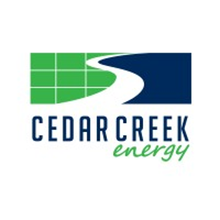 Cedar Creek Energy logo with green and blue abstract river shape above dark blue text and green script on a white background