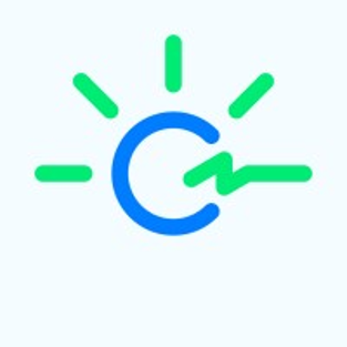 Blue and green logo of a stylized C with sun rays on a light background