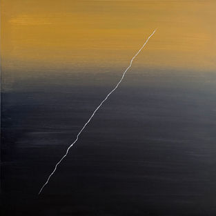 M_01, geometric abstract painting with ochre and black colour fields divided by a fine white line by Laszlo Kovacs