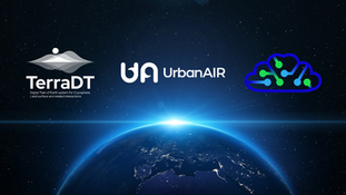 The earth on the background and the three logos of the sister projects UrbanAIR, TerraDt and WeatherGenerator