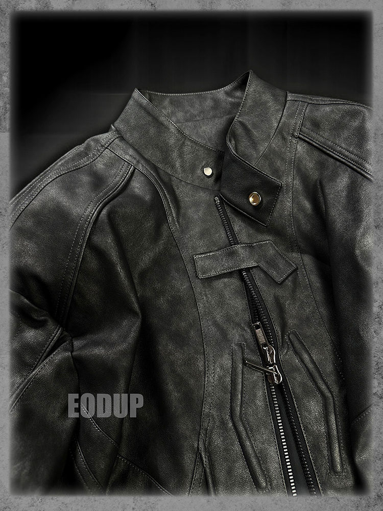 Miniatura: Mauroicardi Spring Autumn Cool Handsome Vintage Short Distressed Black Faux Leat