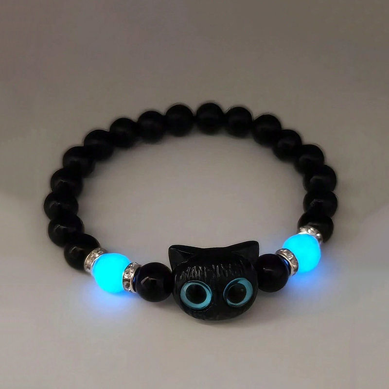 Thumbnail: Cute Acrylic Black White Cat Couple Bracelet Necklace Glow In The Dark Bead Brac