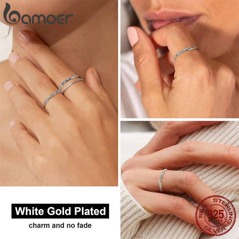 Thumbnail: BAMOER 925 Sterling Silver Vintage Embossed Vine Pattern Band Ring for Women, St