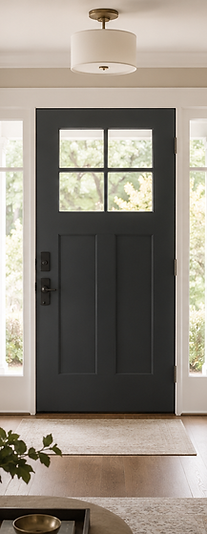 Interior entryway with dark painted front door and white surrounding trim