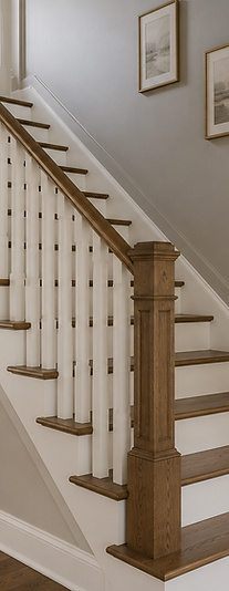 Interior staircase with painted white railings and trim with natural wood accents