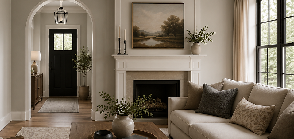 Professionally painted living room with neutral walls, white trim, fireplace and black accent door