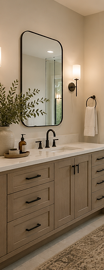 Remodeled bathroom with wood vanity, modern black fixtures and updated finishes