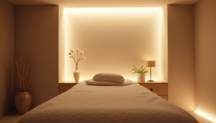 Eye-level view of a peaceful massage room with soft lighting and massage table