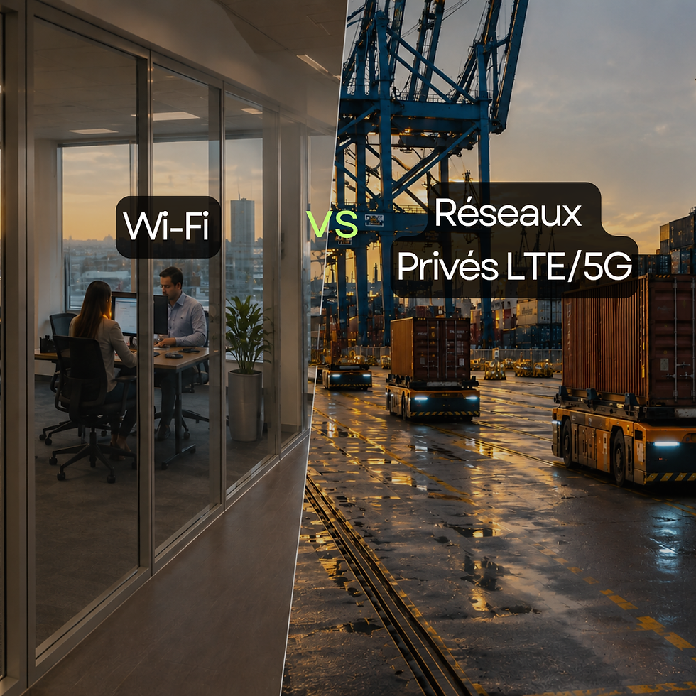 Infographie comparant le Wi-Fi et les réseaux mobiles privés LTE/5G dans un environnement industriel et logistique