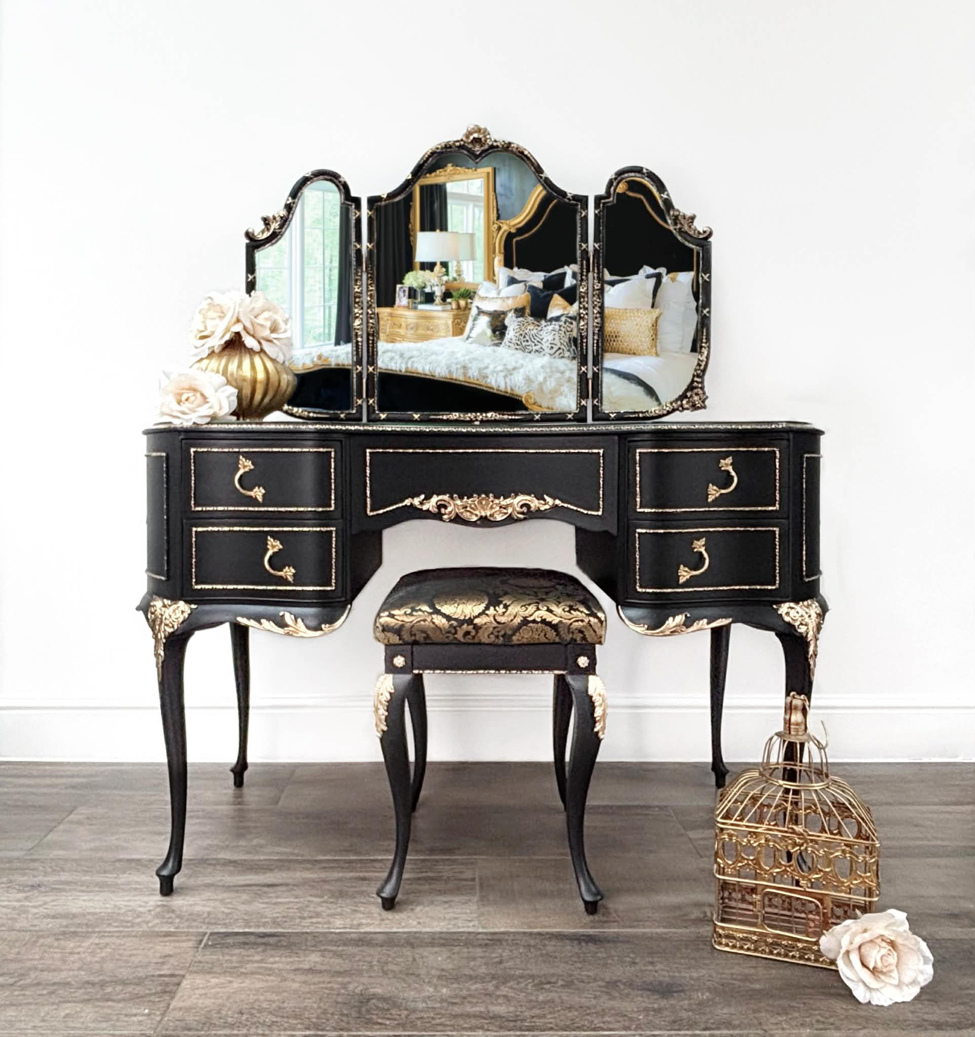 Black and gold Louis Vintage Dressing Table and Stool set