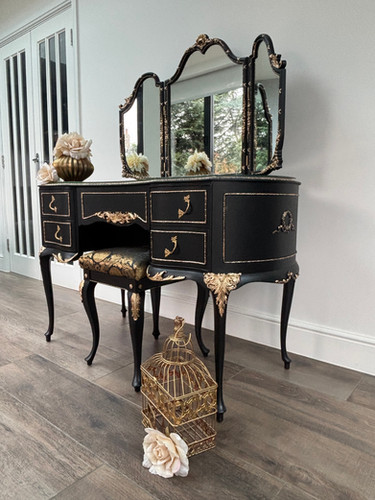 black gold dressing table Vintage French Louis Style Dressing Table, Hand-painted Black & Gold
