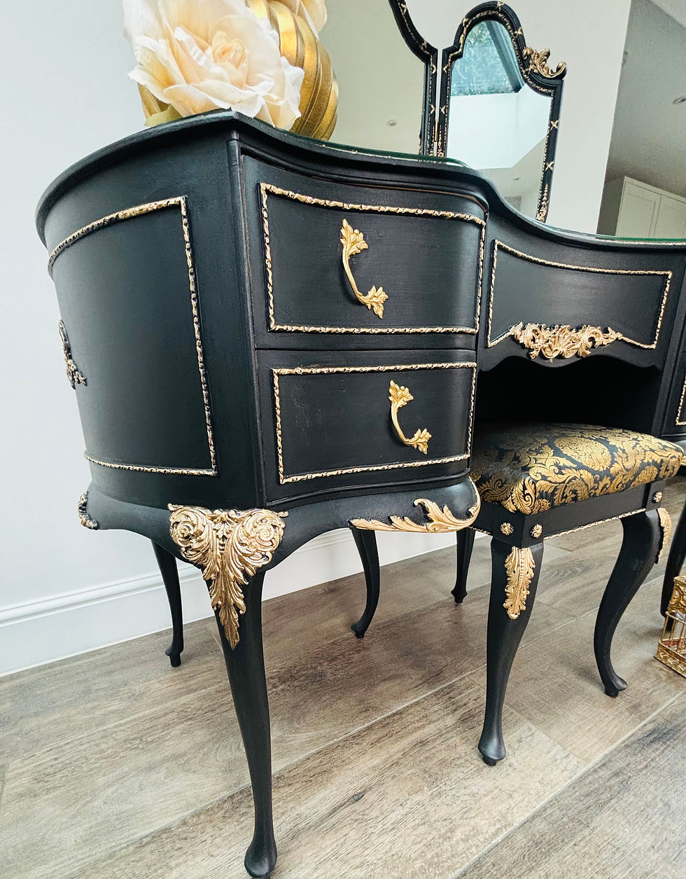 Thumbnail: Black and gold Louis Vintage Dressing Table and Stool set