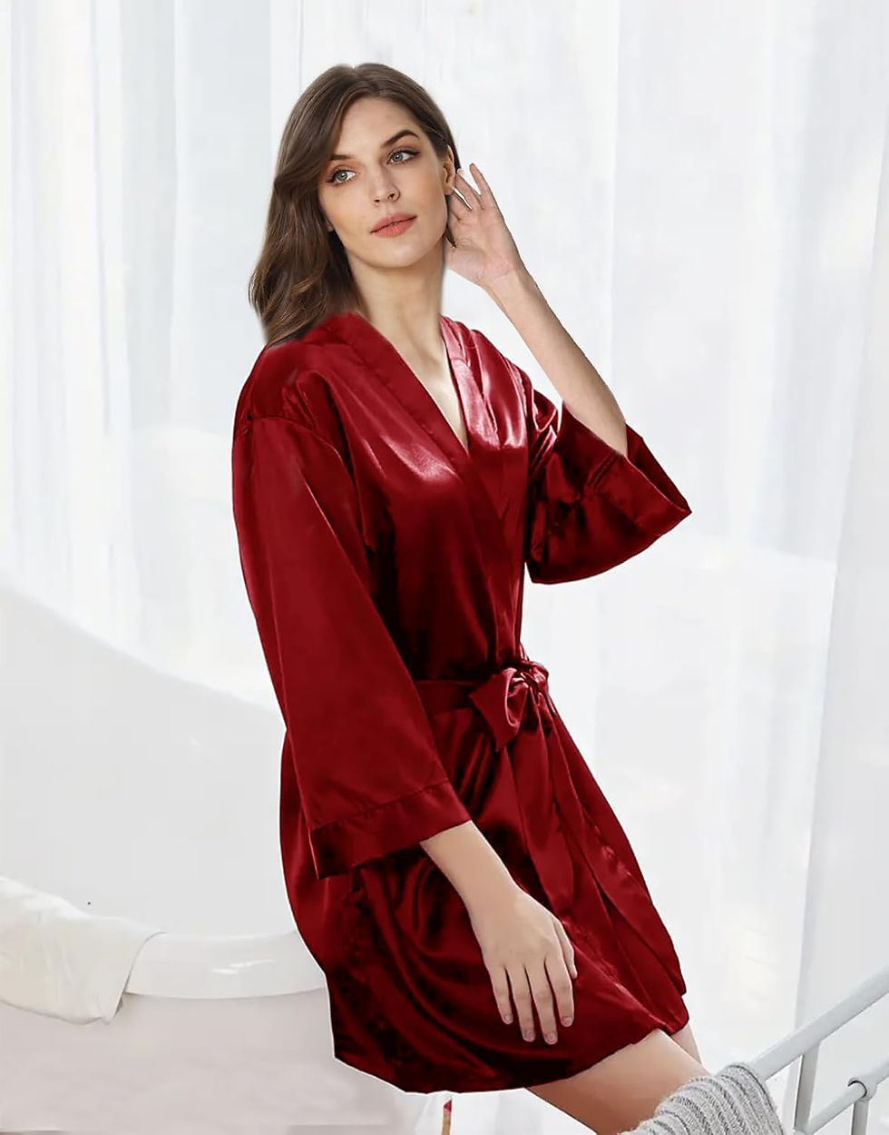 Thumbnail: Womens Satin Kimono Robe Silk Robes Floral Bathrobe Bride Bridesmaid Wedding Si